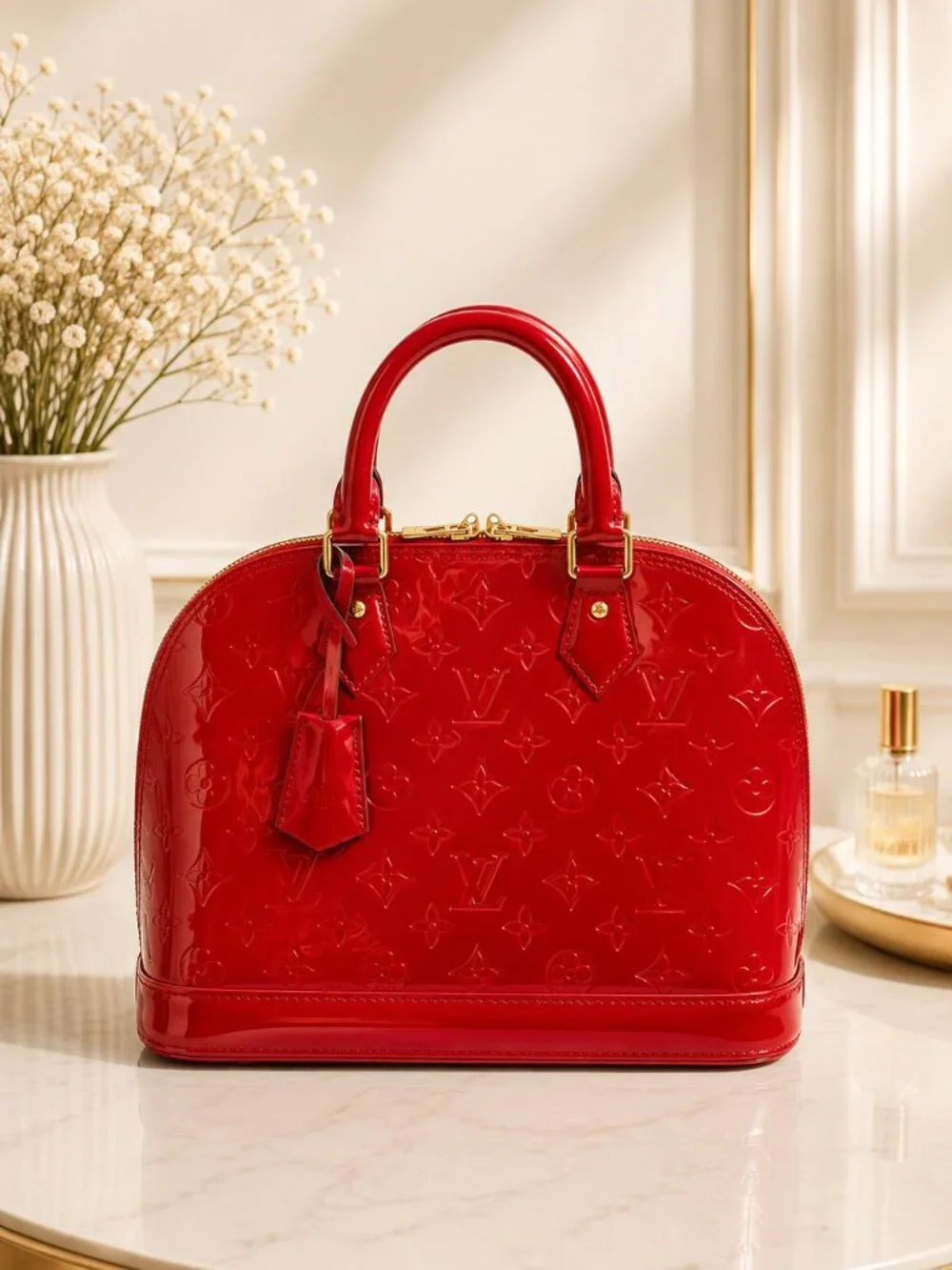 Authentic Louis Vuitton Alma PM Vernis Red Patent Leather Satchel Handbag LV